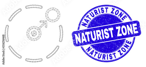 Web carcass move to circle perimeter icon and Naturist Zone seal stamp. Blue vector rounded textured stamp with Naturist Zone message.