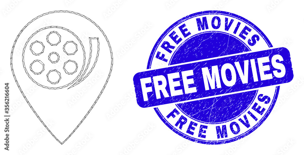 Web carcass movie map marker icon and Free Movies seal stamp. Blue vector rounded textured seal stamp with Free Movies caption.