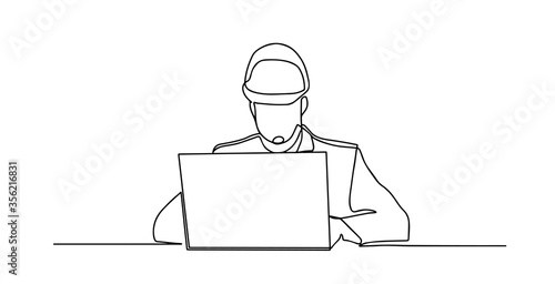 One continuous line drawing of young foreman manager sitting at a computer.Building architecture business concept. Single line draw design illustration. Workman using laptop.