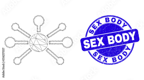 Web carcass node links icon and Sex Body stamp. Blue vector round scratched seal stamp with Sex Body caption. Abstract carcass mesh polygonal model created from node links icon.