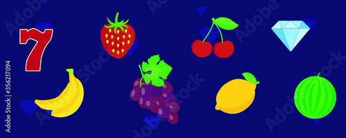 Colorful slots icon set for casino slot machine, gambling games isolated icons, mobile puzzle game design, vector illustration of grape, strawberry, cherry, lemon, watermelon and etc.
