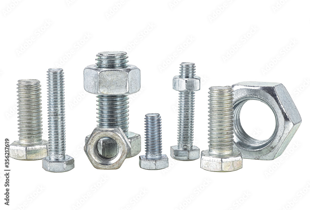 Steel nuts and bolts isolated on a white background Steel nuts and bolts isolated on a white background