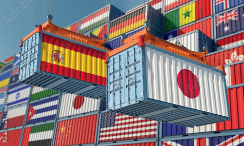 Freight containers on a Terminal with Spain and Japan flag. 3D Rendering 