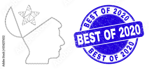 Web mesh open mind star pictogram and Best of 2020 seal stamp. Blue vector rounded grunge seal stamp with Best of 2020 message.