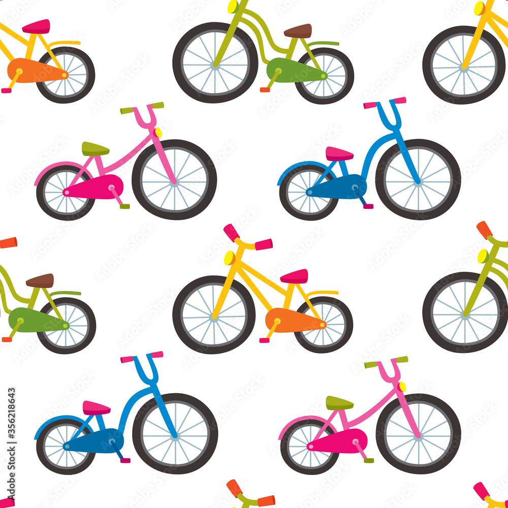 Obraz premium Colorful cartoon bicycles seamless pattern on white background