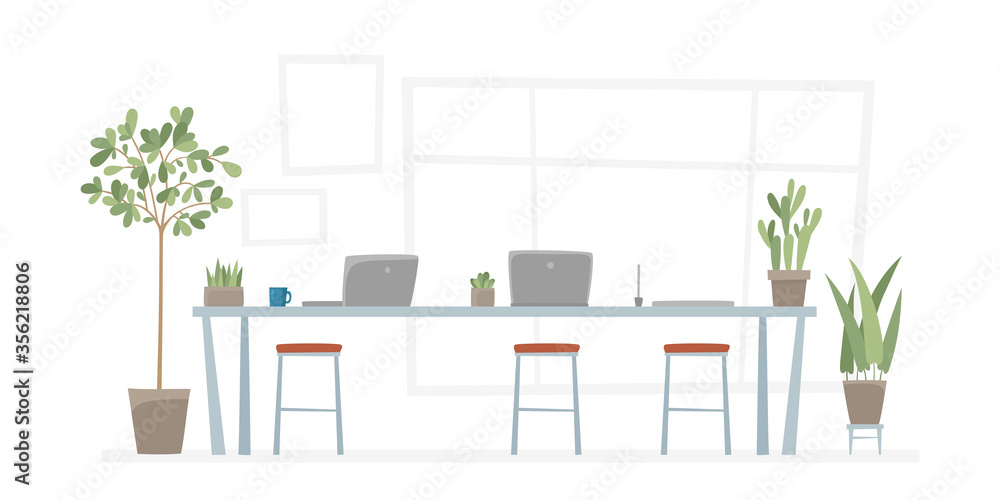 Fototapeta premium Office workplace with table, notebooks and plants - urban office jungle.