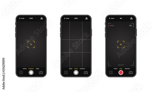 Mobile phones with camera interface. Mobile app application. Photo and video screen. Vector illustration graphic design