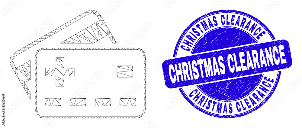 Web carcass plus bank cards pictogram and Christmas Clearance watermark. Blue vector rounded textured watermark with Christmas Clearance caption.