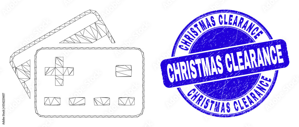 Obraz premium Web carcass plus bank cards pictogram and Christmas Clearance watermark. Blue vector rounded textured watermark with Christmas Clearance caption.