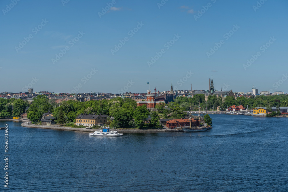 View of Stockholm from Sodermalm district. Panorama of Skeppsholmen and Kastellholmen.