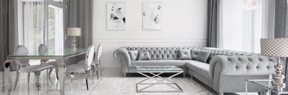 Panorama of glamour designed living room - obrazy, fototapety, plakaty 