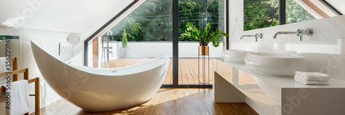 Papier peint Luxury attic bathroom with bathtub, panorama
