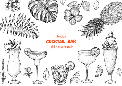 Alcoholic cocktails hand drawn vector illustration. Cocktails sketch set. Engraved style. Tropical collection. Pina colada, margarita, caipiroska, daiquiri, singapore sling.