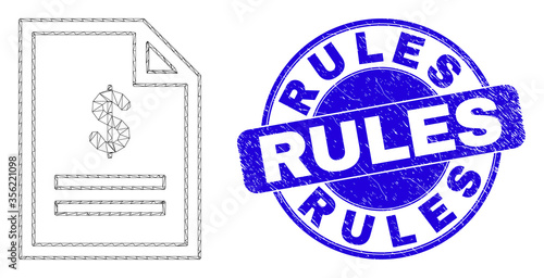 Web carcass price page icon and Rules stamp. Blue vector round distress stamp with Rules phrase. Abstract frame mesh polygonal model created from price page icon.