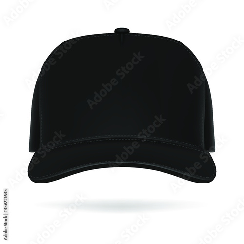 Realistic front view black baseball cap template isolated on white background vector illustration mockup