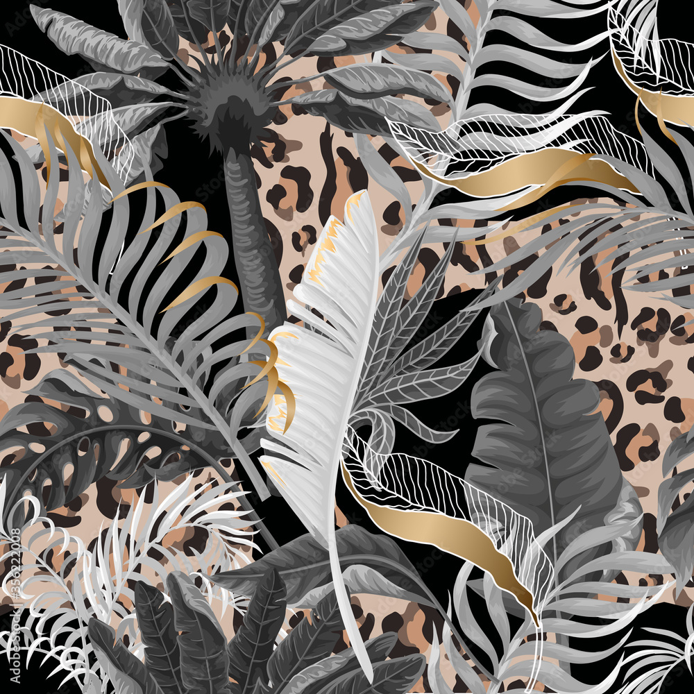 Fototapeta Seamless leopard skin pattern with tropical leaves. Vector.
