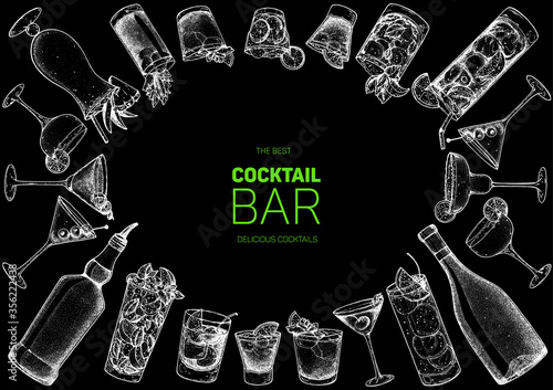 Alcoholic cocktails hand drawn vector illustration. Cocktails set. Bar menu design elements. Hand drawn sketch collection.