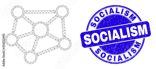 Web mesh relations pictogram and Socialism watermark. Blue vector rounded scratched watermark with Socialism title. Abstract frame mesh polygonal model created from relations pictogram.