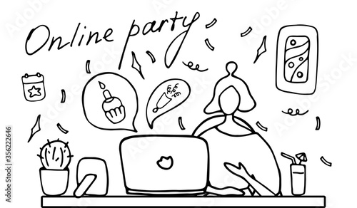 Online party, birthday, virtual meeting friends. Girl sitting in front of laptop with cocktail. Video chat. Vector hand drawn illustration