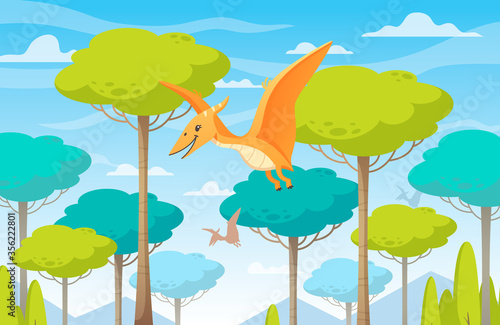 Flying Dinosaurs Cartoon Composition