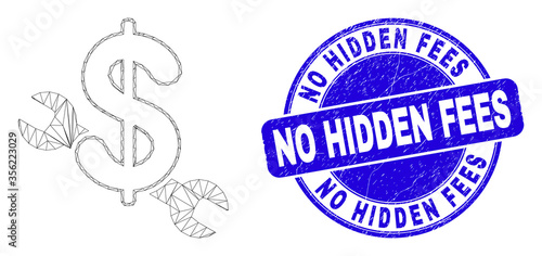 Web mesh repair price icon and No Hidden Fees seal. Blue vector round scratched seal stamp with No Hidden Fees message. Abstract carcass mesh polygonal model created from repair price icon.