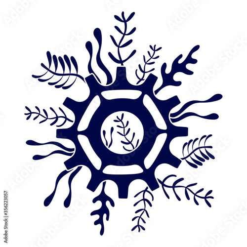 Underwater plants and the steampunk element . Technique and nature, mechanisms and botany. Vector background