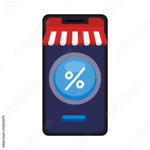 Smartphone with tent and percetage sale button design of Shopping online ecommerce market retail and buy theme Vector illustration