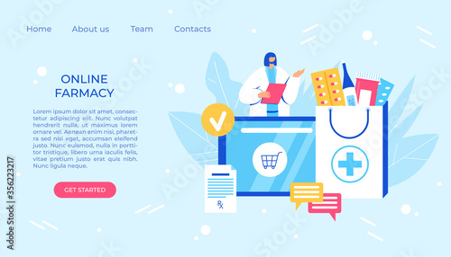 Online pharmacy concept. Pharmacist helps to collect an order on the site.