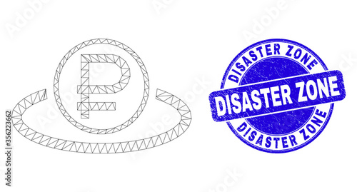 Web carcass rouble area pictogram and Disaster Zone seal stamp. Blue vector rounded grunge seal with Disaster Zone caption. Abstract carcass mesh polygonal model created from rouble area pictogram.