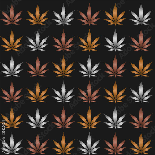 hemp leaves seamless pattern arranged in rows and painted in gold, silver and bronze on a black background
