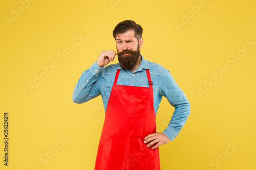 Hipster style. Well groomed macho barber. Barbershop concept. Hairdresser barber. Inspired for changes. Man brutal bearded hipster with mustache wear apron. Barbershop staff. Beard grooming salon