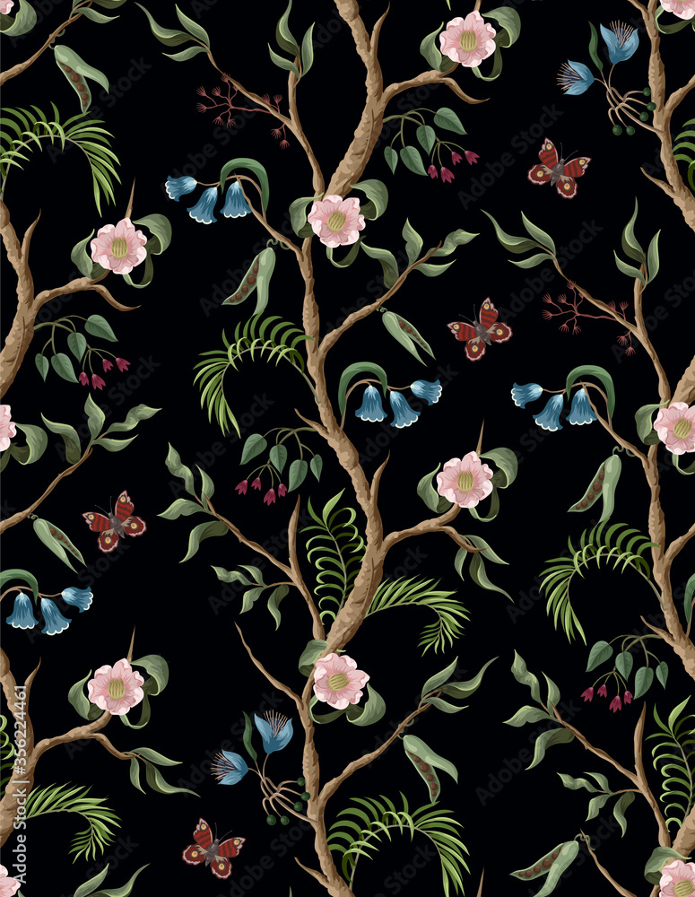 Fototapeta Seamless pattern with peony bushes and flowers in chinoiserie style. Vector.