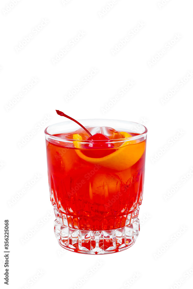 Negroni. Red drink cocktail in glass jar with cherry and orange peel isolated on white background Negroni. Red drink cocktail in glass jar with cherry and orange peel isolated on white background