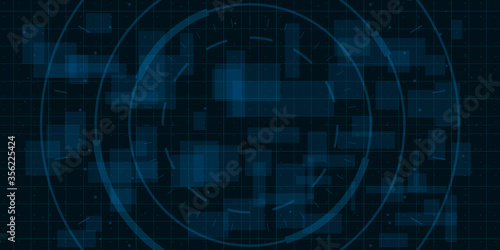 HUD dark blue background with thin grid, dots and circle element. Design for science theme, artifical intelligence, neural network and hi-tech. Vector