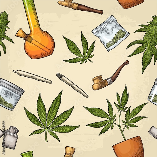 Seamless pattern with marijuana leaf. Vintage black vector engraving illustration