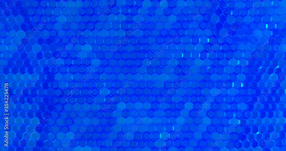 Blue hexagon or honeycomb shield were arranged a wall. Isolated on black background. 3d illustration.
