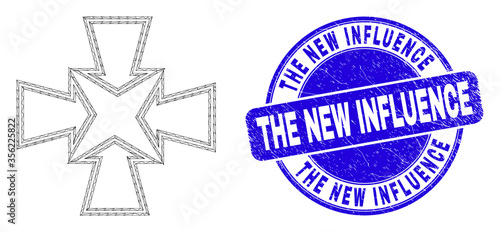 Web mesh shrink arrows pictogram and The New Influence stamp. Blue vector rounded textured seal stamp with The New Influence text.