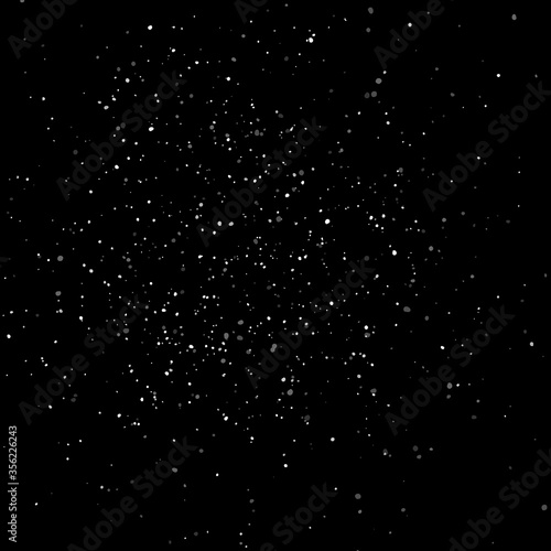 Stars falling on night sky. Shining starry background. Space banner. White, silver stars explosion on black backdrop. Magic decoration. Vector illustration