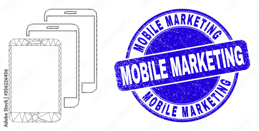 Obraz premium Web carcass smartphones pictogram and Mobile Marketing seal. Blue vector round grunge watermark with Mobile Marketing message. Abstract carcass mesh polygonal model created from smartphones pictogram.