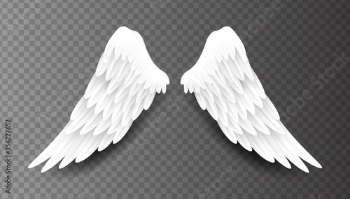 Pair of beautiful white angel wings isolated on transparent background, 3D realistic vector illustration. Spirituality and freedom