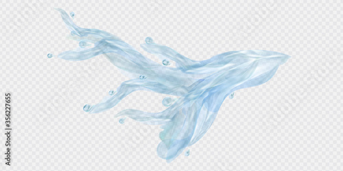 Realistic vector transparent stream of water with splashes and drops of blue. Blank for advertising mineral water soda washing powder.