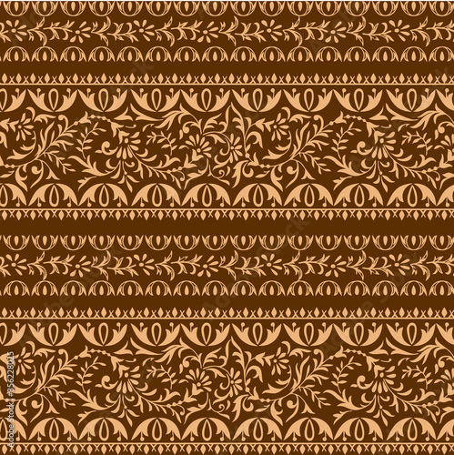 seamless pattern with bright orange and beige paisley and swirls on a light turquoise background
