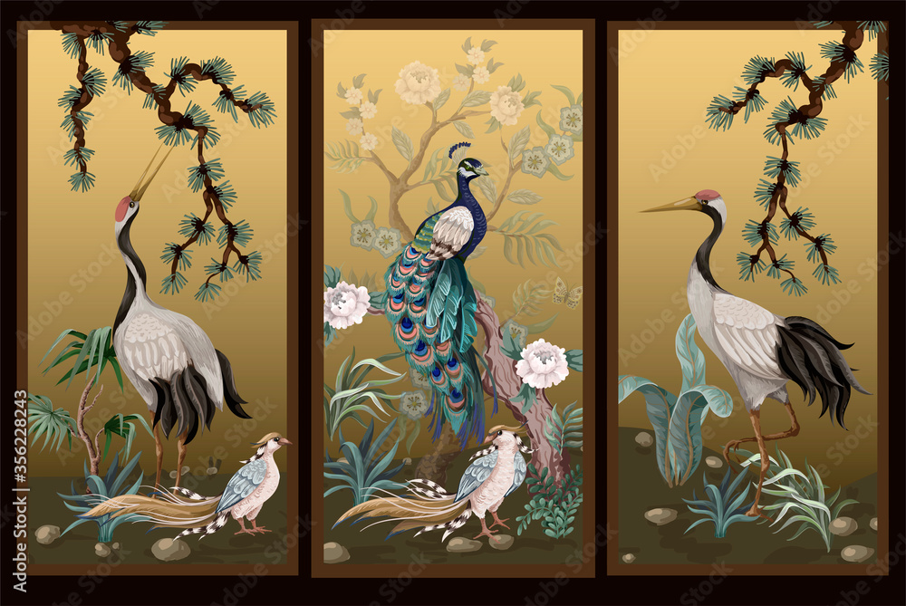 Fototapeta Folding screen in chinoiserie style with white cranes. Vector.