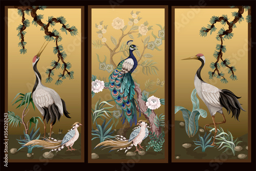 Folding screen in chinoiserie style with white cranes. Vector.