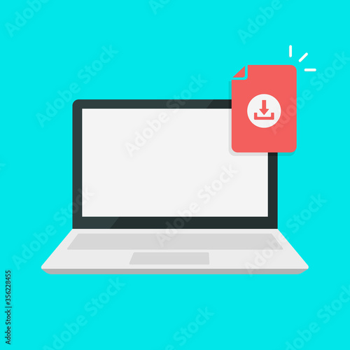 Laptop and download file icon. Document downloading concept.