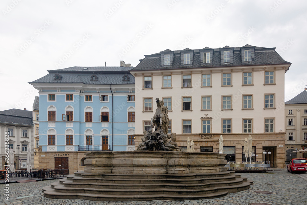 Baroque fountain in the tourist downtown of Olomouc, city in the eastern province of Moravia in the Czech Republic.