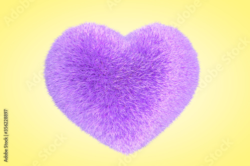 Furry heart. Heart from red fur. 3d render illustration isolated on yellow background