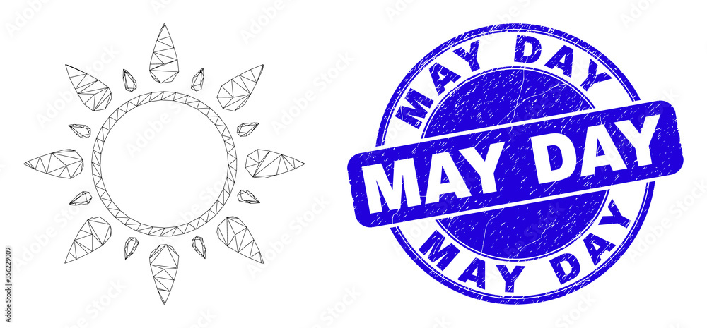 Web mesh sun icon and May Day seal stamp. Blue vector round textured stamp with May Day phrase. Abstract carcass mesh polygonal model created from sun icon. Wire carcass flat mesh in vector format. Web mesh sun icon and May Day seal stamp. Blue vector round textured stamp with May Day phrase. Abstract carcass mesh polygonal model created from sun icon. Wire carcass flat mesh in vector format.