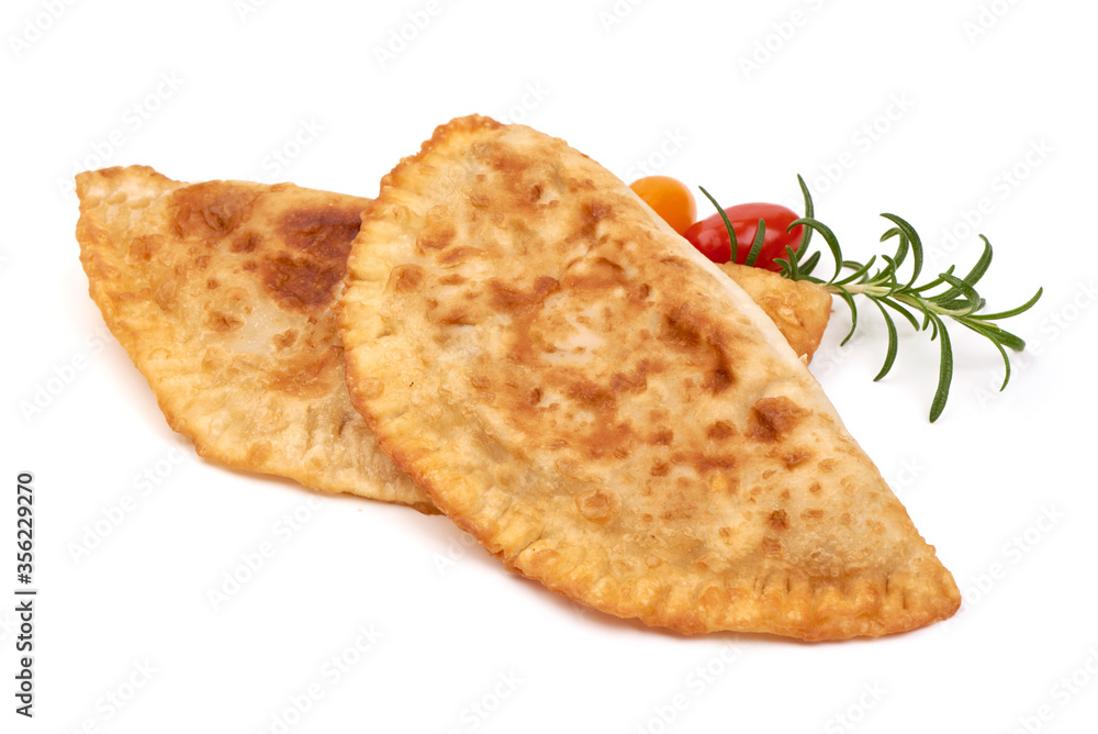 Homemade Fried Cheburek Pies, isolated on white background Homemade Fried Cheburek Pies, isolated on white background