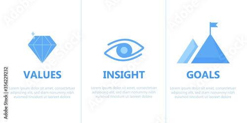 Mission Vision infographic template with three text boxes with icons for Values, Insight and Goals, colored vector illustration